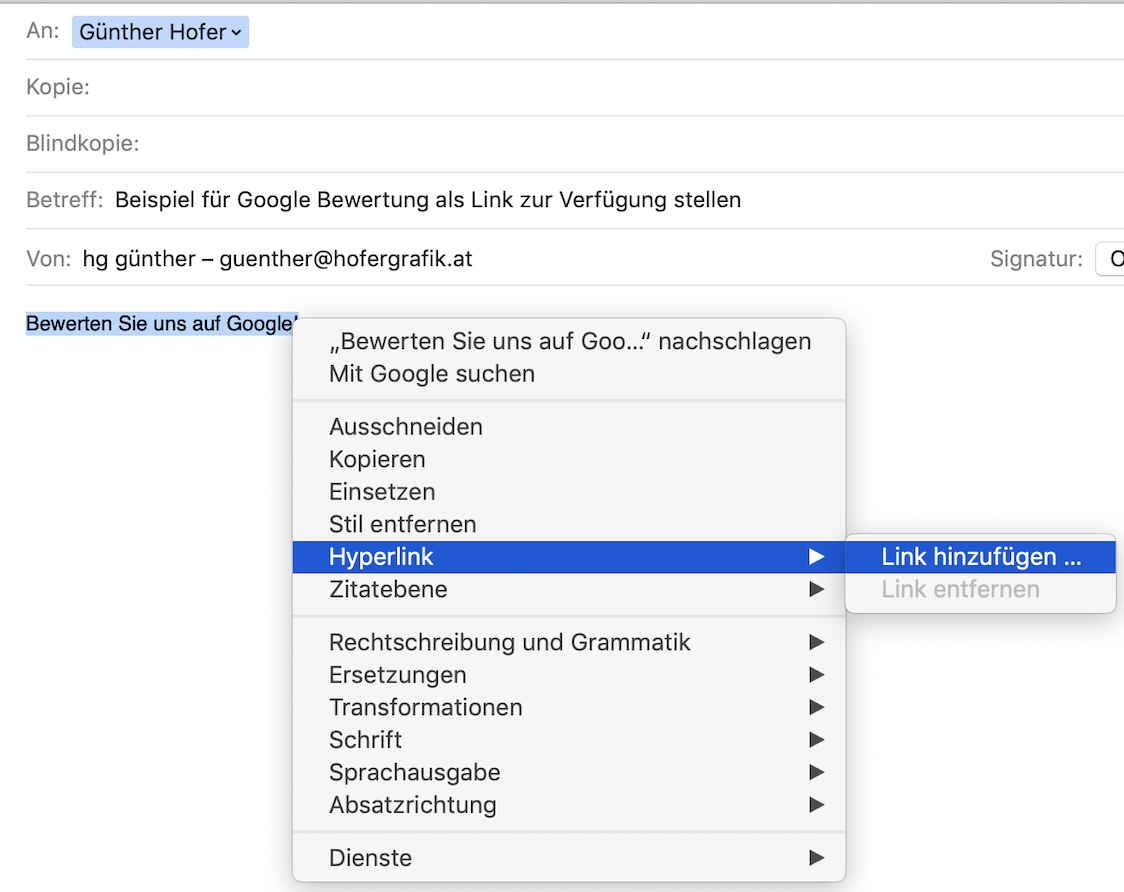 Screenshot von Mail für Darstellung, wie ein Hyperlink auf einen Text angewendet wird.